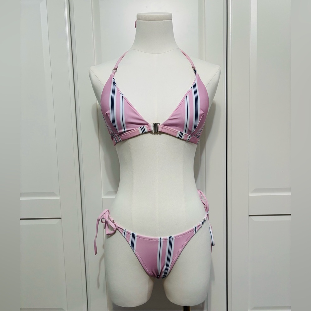 Striped Pink Tie-Side Bikini Set with Front Clasp in Sizes S, M, L